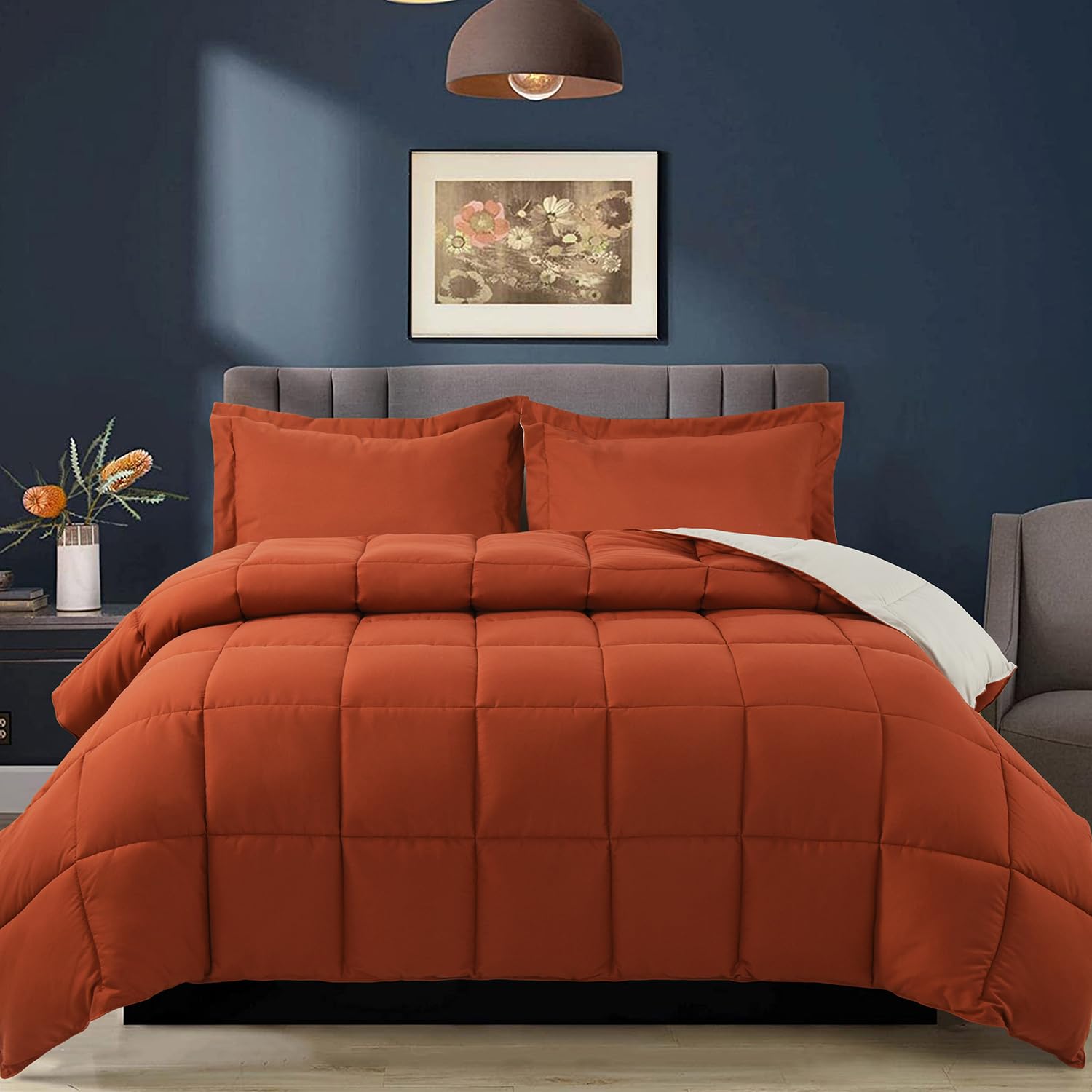 Hig 3Pc Burnt Orange King Size Comforter Set - All Season Reversible Down Alternative Comforter With Sham - Quilted Duvet Insert